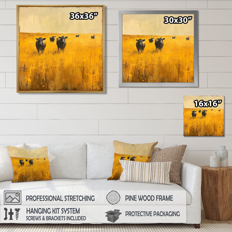 «Disument Cows In The Golden Fields I», art mural campagne, H 36 po x l 36 po, Reproduction encadrée d'une seule photo, Noir