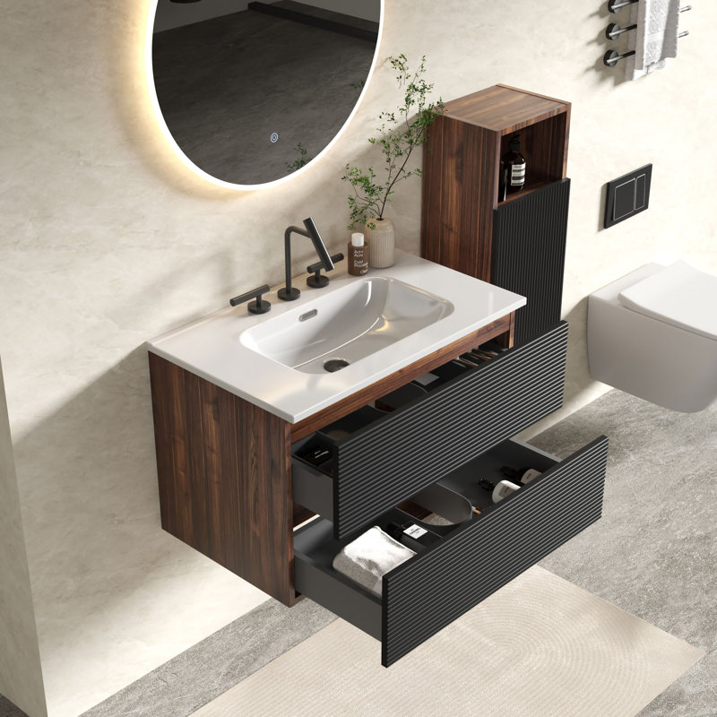 Caryll Wall Mounted Single Bathroom Vanity with Ceramic Sink, Modern Storage Cabinet with DTC Soft-Close Hinges, for Bathroom, Apartment & Hotel Style