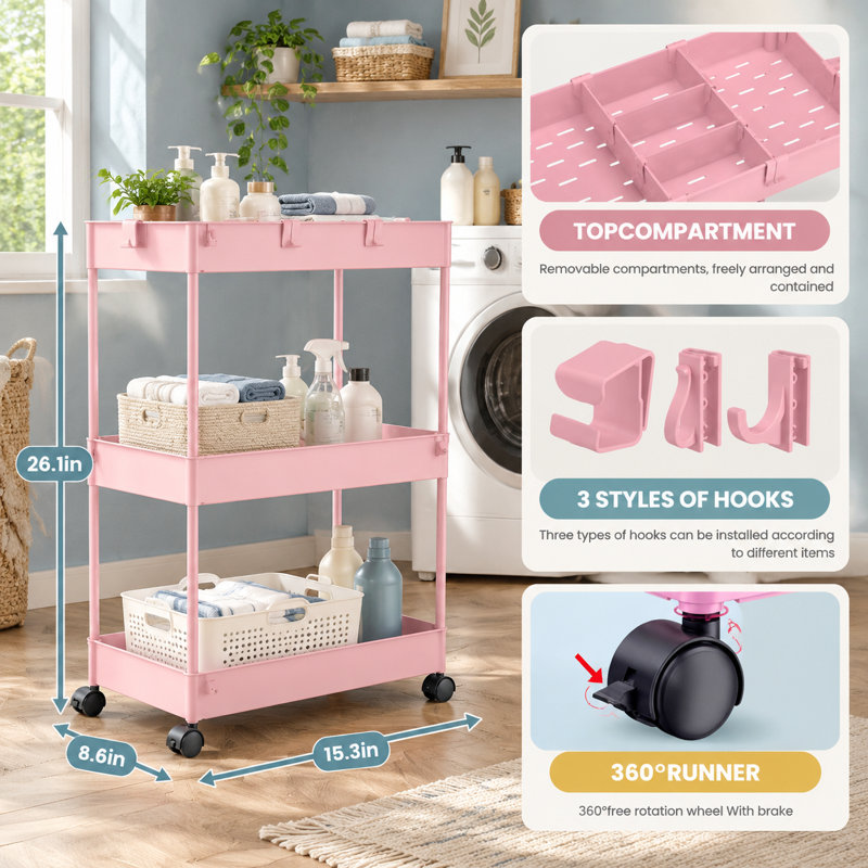 Chariot à roulettes rose à 3 niveaux facile à assembler avec 3 paniers suspendus pour les bureaux, les salons et les cuisines