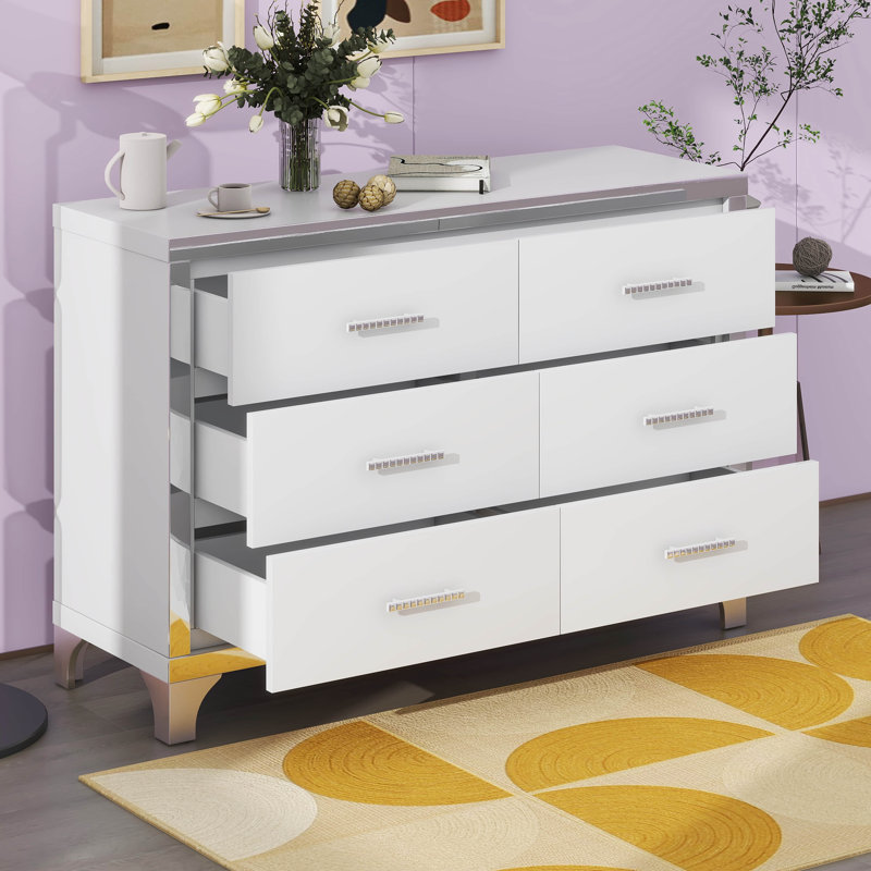 Commode pour chambre très brillante avec 6 tiroirs et poignée en métal, Blanc
