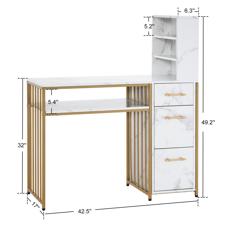 Trea 42.5'' Vanity Makeup Desk with Open Shelves and Drawers, Manicure Desk with Metal Frame