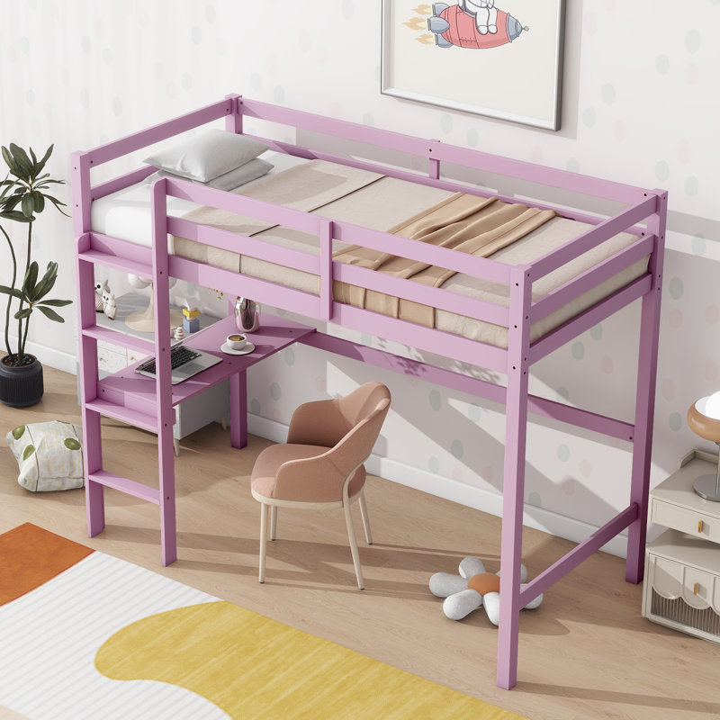 Twin High Loft Bed, Rubber Wood  Loft Bed with Safety Guardrail, built-in desk, ladder, Pink