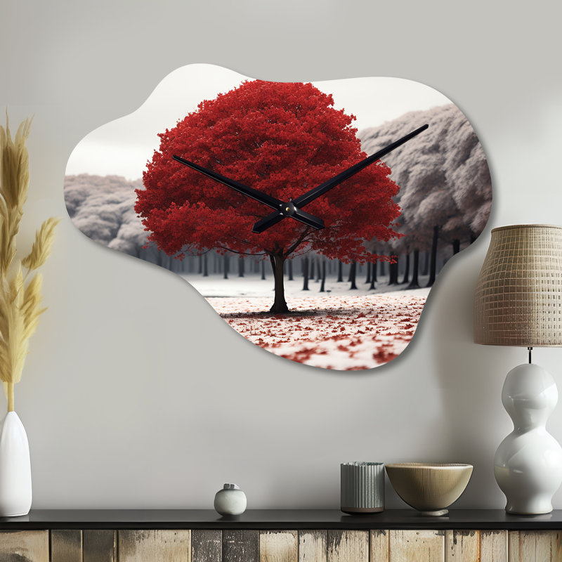 Horloge murale rouge et grise solitude I - arbres asymétriques en métal, horloge murale rouge, Petit