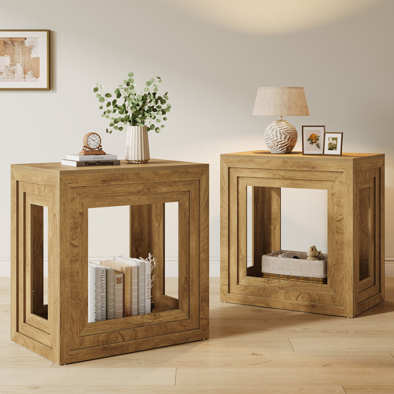 Tables de bout Farmhouse Square avec rangement à 2 niveaux, tables d'appoint en bois pour le salon ou la chambre à coucher