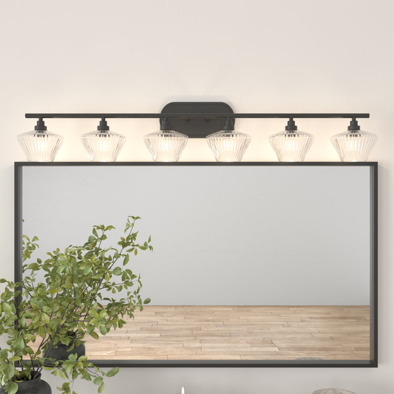 Éclairage de salle de bain à intensité variable à 6 lumières avec abat-jour en verre nervuré Racust, Noir mat