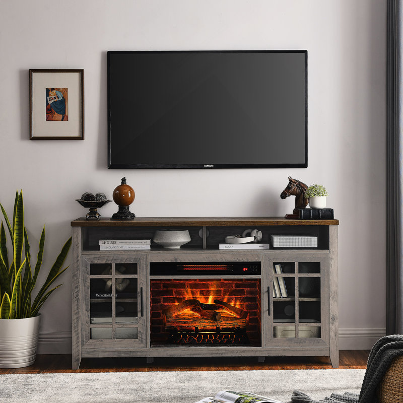 Meuble télé 55 po avec foyer électrique KD, gris délavé, Gris délavé / brun