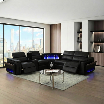 Canapé modulaire noir contemporain avec 2 réglages de puissance, appuis-tête réglables manuellement, système de haut-parleurs et console optionnelle de congélateur en forme de L