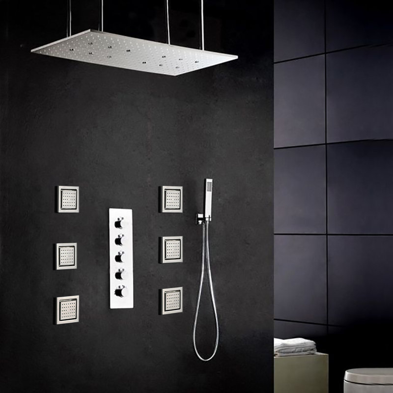 Système de douche moderne en acier brossé avec valve thermostatique et douchette de pluie