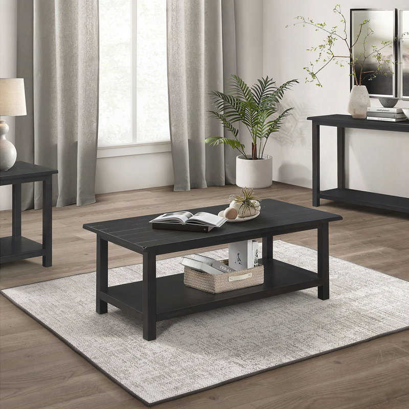 Table basse en bois avec tablette, Noir patiné