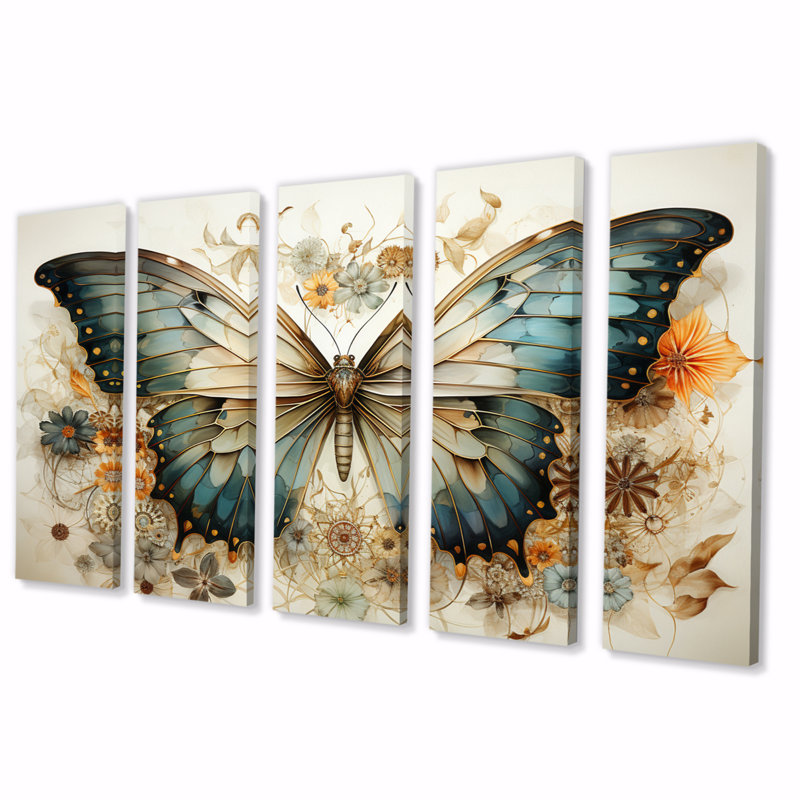 «Teal Beige Butterfly», motifs complexes sur toile, 5 pièces