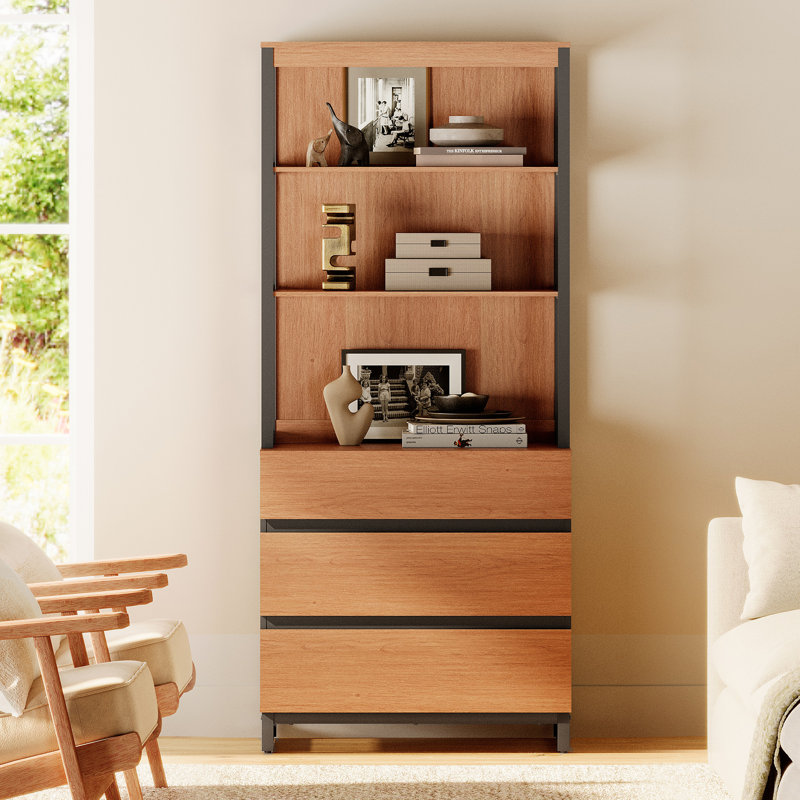 Aadam  Modern 72" Tall Bookcase With 3 Drawers And Open Book Shelfs, Library Book Shelf With Storage Cabinet, Wood Freestanding Bookshelf For Home Office, Living Room,