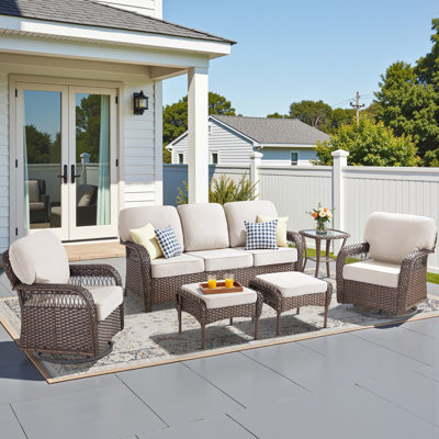 6-Piece Outdoor Rattan Furniture Set, A Weather-Resistant Rattan Sofa, 2 Swivel Glider Chairs With T-Shaped Backrest, 2 Versatile Ottomans And A Tempered Glass Side Table For Patio, Garden, Poolside & Backyard