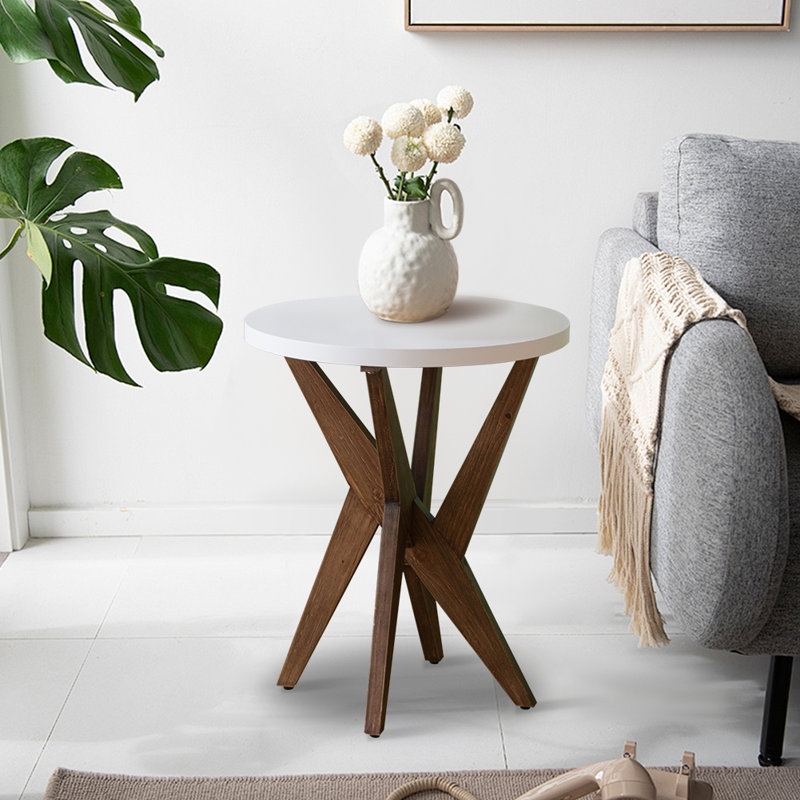 Jahey Wooden Crossed Legs Round End Table with Smooth Top and Sturdy Four-Leg Base, White Top/Brown Base, 1