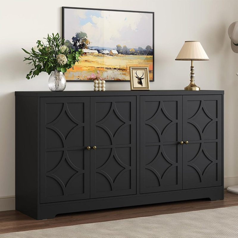 56" Modern 4-Door Sideboard Buffet – Satin Black