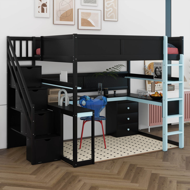 Lit mezzanine en bois avec escalier de rangement, bureau, tablettes et panneau perforé, style Esports peu encombrant pour adolescents et adultes