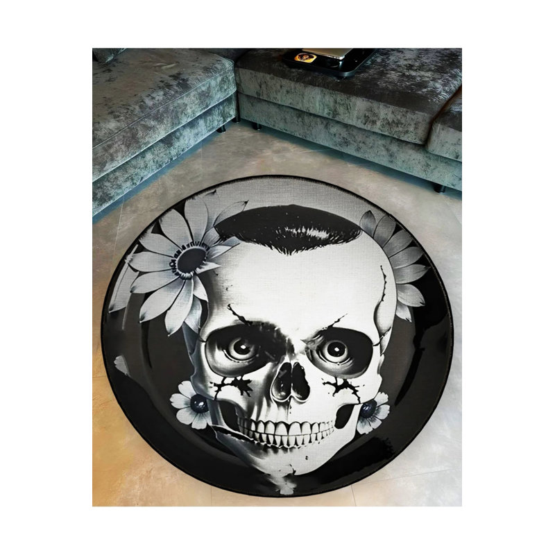 Woven Base Washable Carpet With Skull And Flower Pattern, Round 5'
