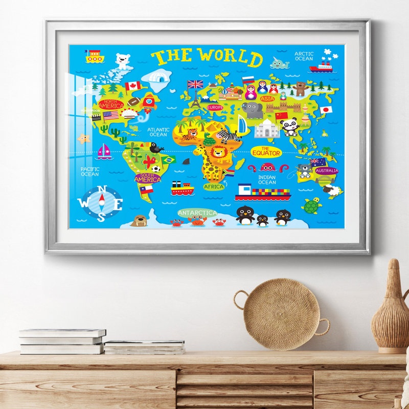 Carte du monde - impression encadrée, H 30,5 po x l 42,5 po x P 1,5 po, Cadre argenté
