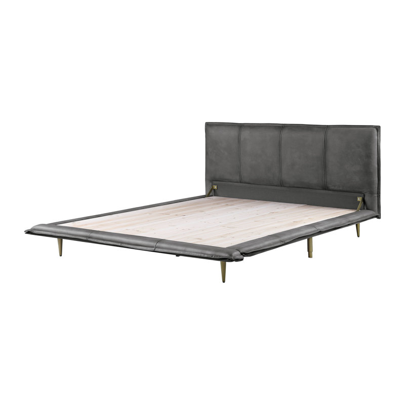 Metis Gray Top Grain Leather Upholstered Queen Bed with Metal Legs