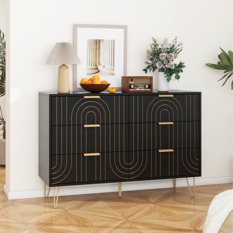 Philisma  Wood Storage Dresser with 6 Drawers and Metal Handles, Black