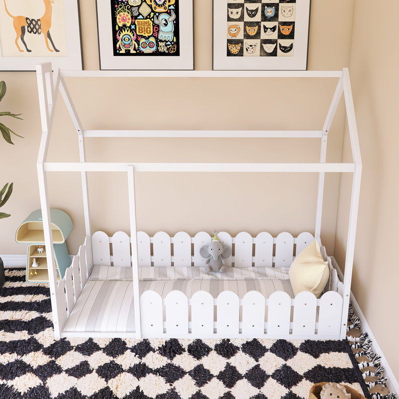 Wood Bed House Bed Frame With Fence, White , Twin