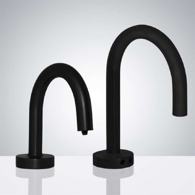 Juno Commercial Matte Black Deck Mounted Touchless Bathroom Faucet with Soap Dispenser