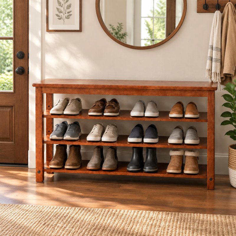 Banc de rangement pour chaussures en bois massif avec tablettes réglables à 3 niveaux