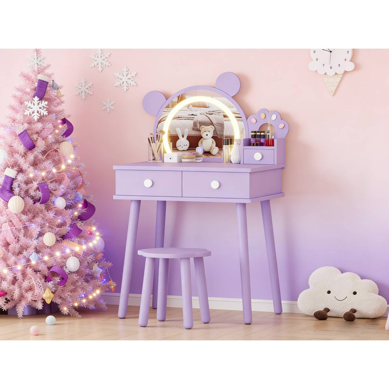 Ensemble de coiffeuse pour enfants avec lumières et miroir, ensemble de maquillage princesse en forme d'ours avec tiroirs de rangement