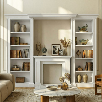 115.5'' W Wood-Grain Bookcase With 10 Open Shelves And Electric Fireplace Mantel Compatibility (No Insert)