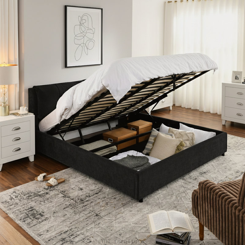 Lit plateforme tapissier très grand avec rangement hydraulique et tête de lit intégrée, tissu chenille, noir, Noir