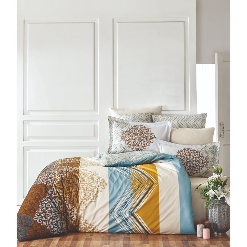 Ensemble de housse de couette simple de qualité supérieure 61,0 x 79,0 pouces Ranforce | 100% coton, contexture de 140 fils, lavable à la machine | Comprend 1 taie d'oreiller (31,5 po x 31,5 po) | Blanc élégant, brun, bleu et moutarde, confortable et durable