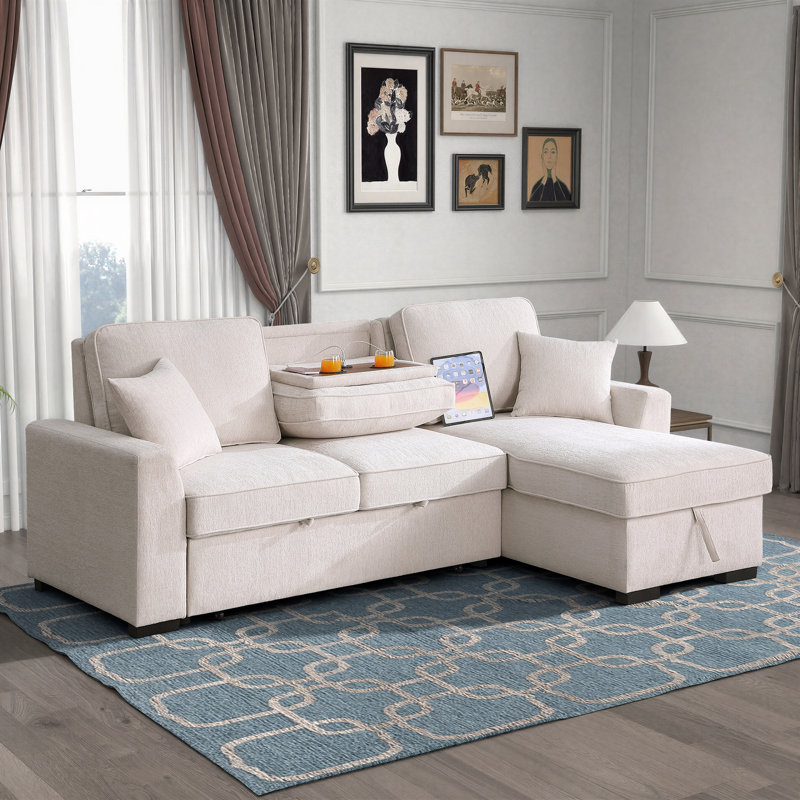 91" Upholstery Convertible Sleeper Sofa Bed with Storage Chaise, Chenille Sectional Sofa with USB Port, 2 Cup Holders on Back Cushions