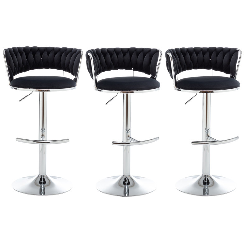 Swivel Bar Stools Set of 3, Counter Height Bar Stools with Low Back, Adjustable Height Barstools, Velvet Bar Stools for Kitchen Island, Pub (Black)