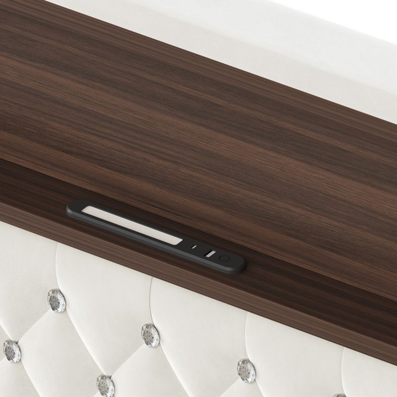 Lit tapissier avec tête de lit à oreilles capitonnée, tablette de rangement et port USB, Beige