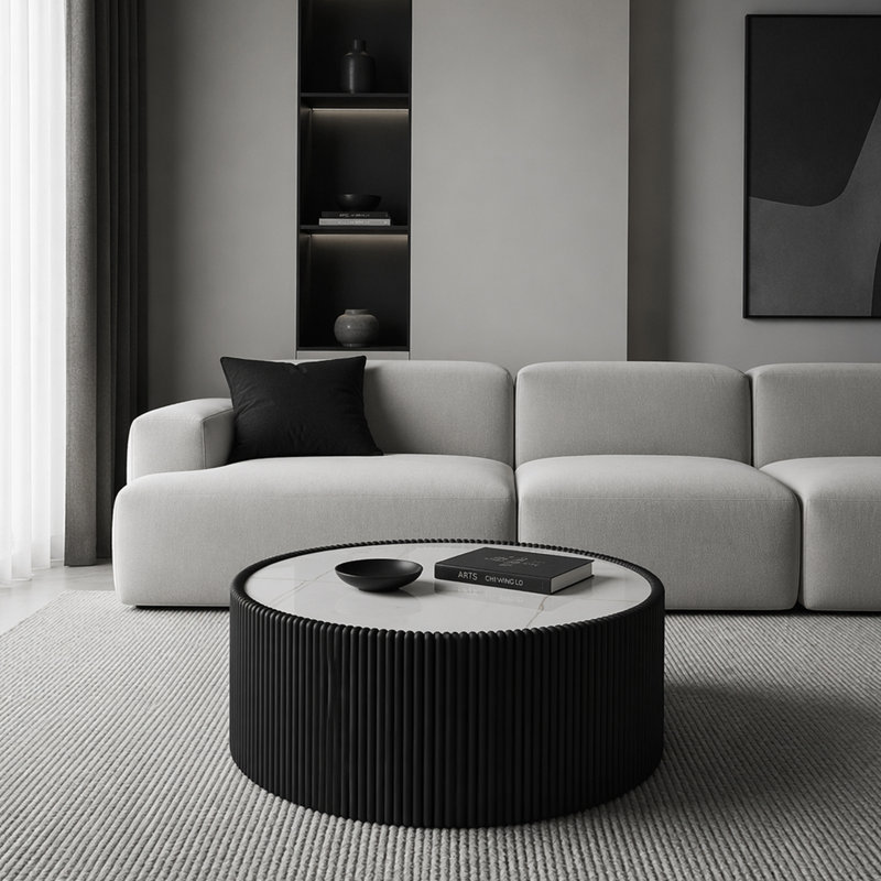(1 TABLE) Table de canapé moderne en cuir cylindrique pour meubles de salon, Noir