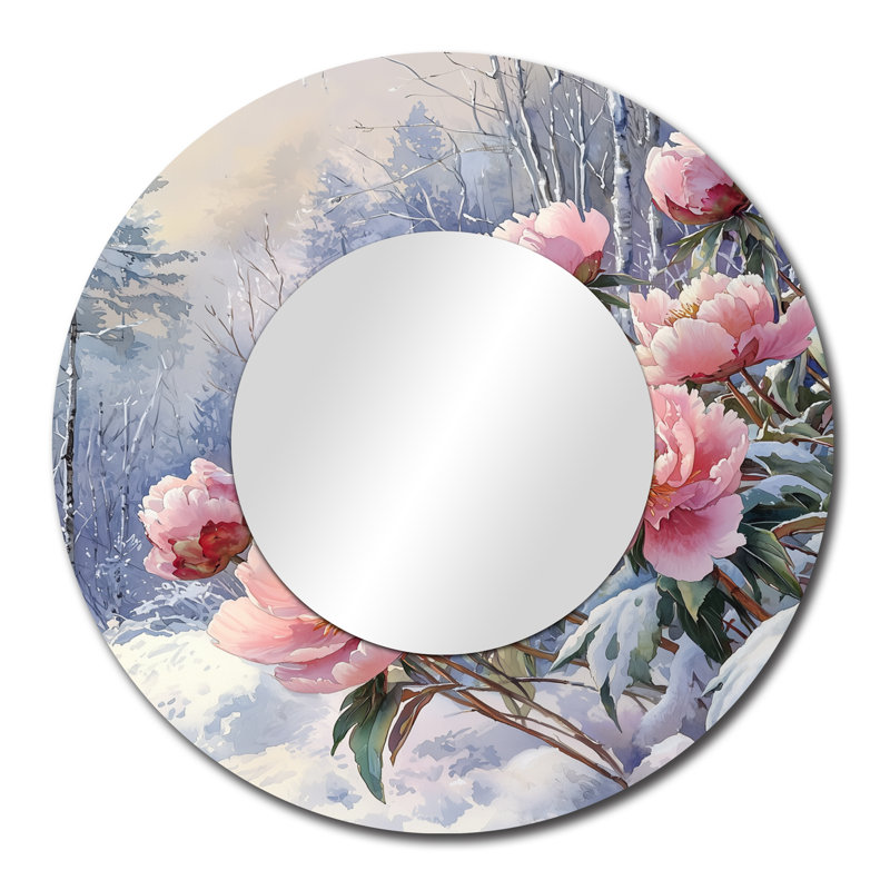 Hiver, pivoines glacées dans la forêt I - Art mural miroir floral - imprimé sur métal, 29 po x 29 po