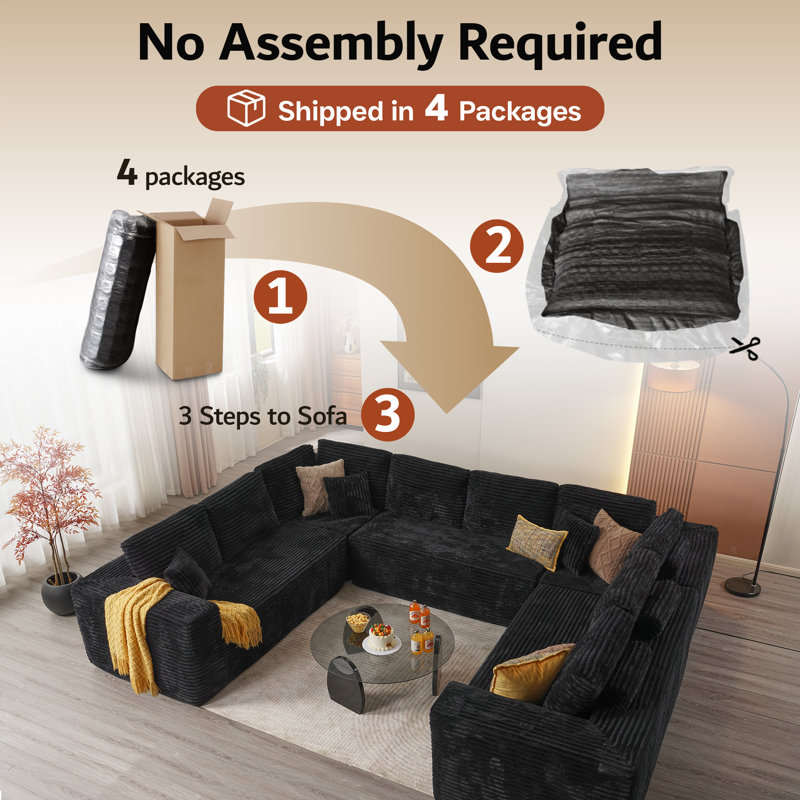 Canapé modulaire rembourré Kustas Boneless, Velours côtelé noir