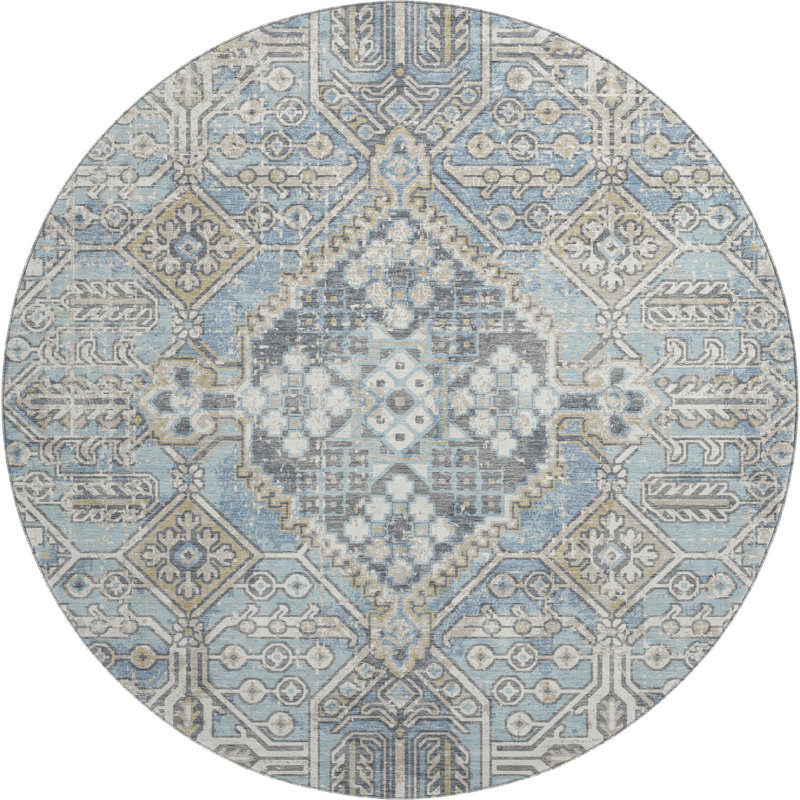 Premium Machine Washable Mayfield AMF2197 global Rug, Sky, 8' Round