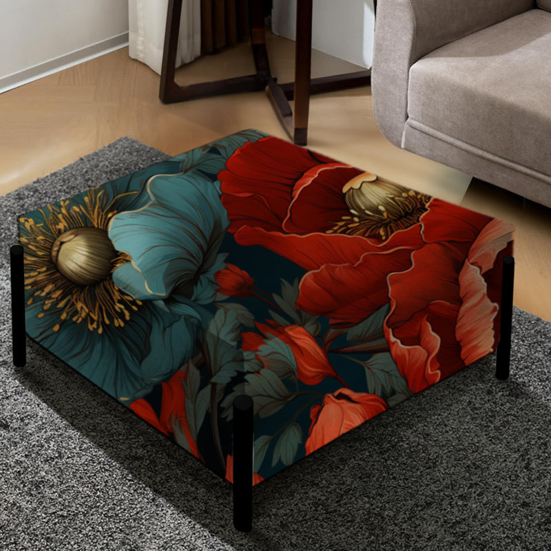 Motif de fleurs de pavot bleues et rouges - Grand repose-pieds carré floral