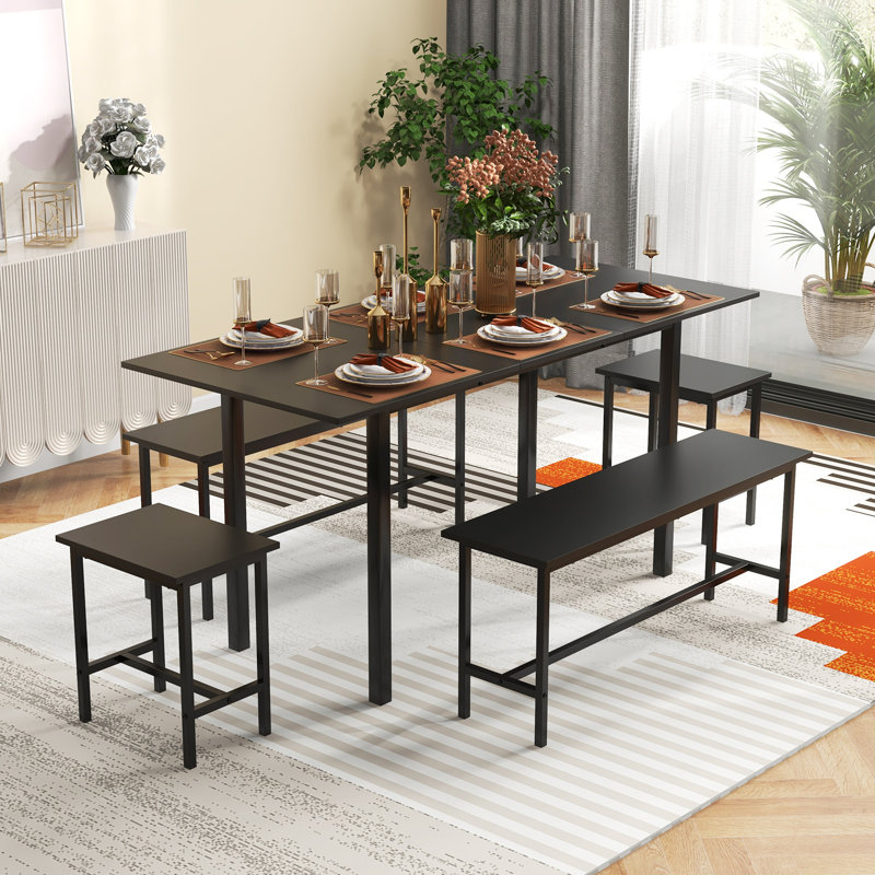 Dining Table Set 5 Piece Kitchen Table Set With Extendable Table 2 Benches & 2 Stools Space-saving Design Modern Dinette Set For Kitchen Dining Room Restaurant Accommodate 4-6 People