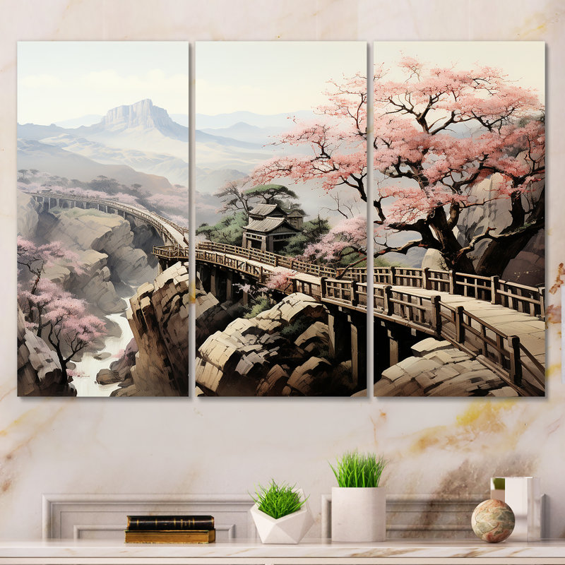 Rose, paysage floral japonais, paysage II, Toile tendue, H 32 po x l 48 po x P 1 po