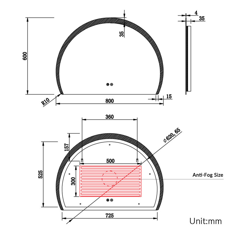 Half-circle Mirror, 80*60cm,Semicircular Bathroom Mirror