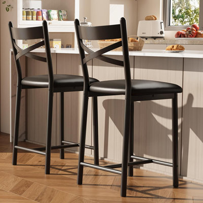 Ensemble de 2 tabourets de bar de 66 cm (26 po), hauteur de comptoir, siège rembourré en polyuréthane, structure en métal, dossier en X et repose-pieds pour îlot de cuisine ou salle à manger.