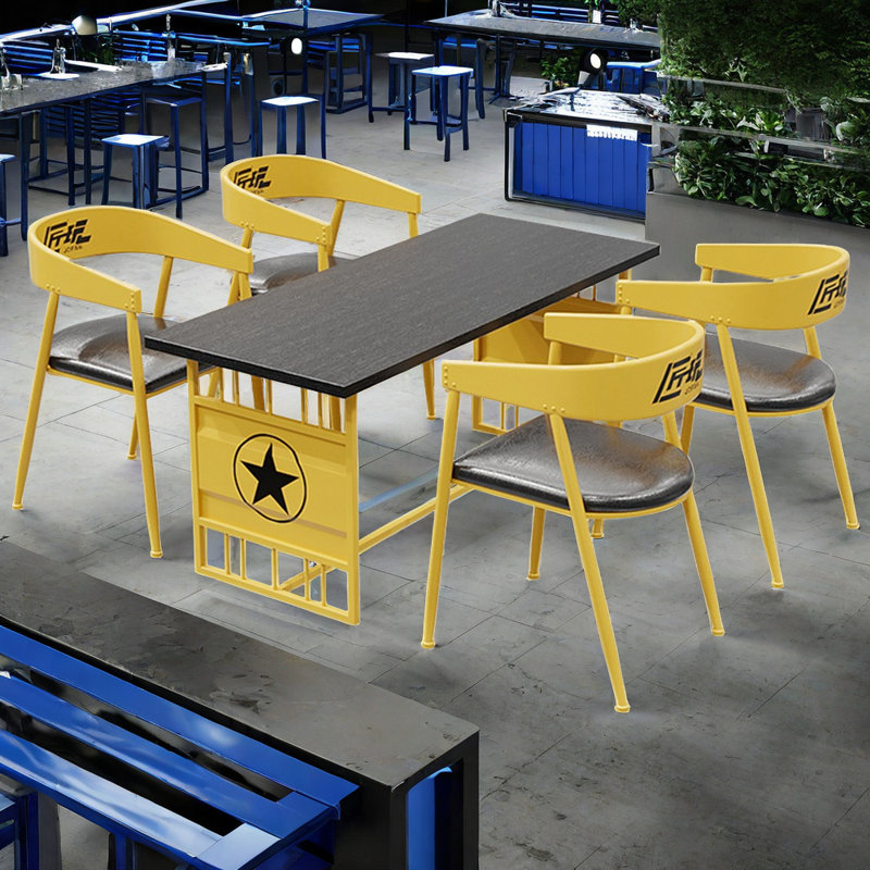 Table et chaises créatives de style industriel, 5, Plateau noir / base jaune, Jaune / noir