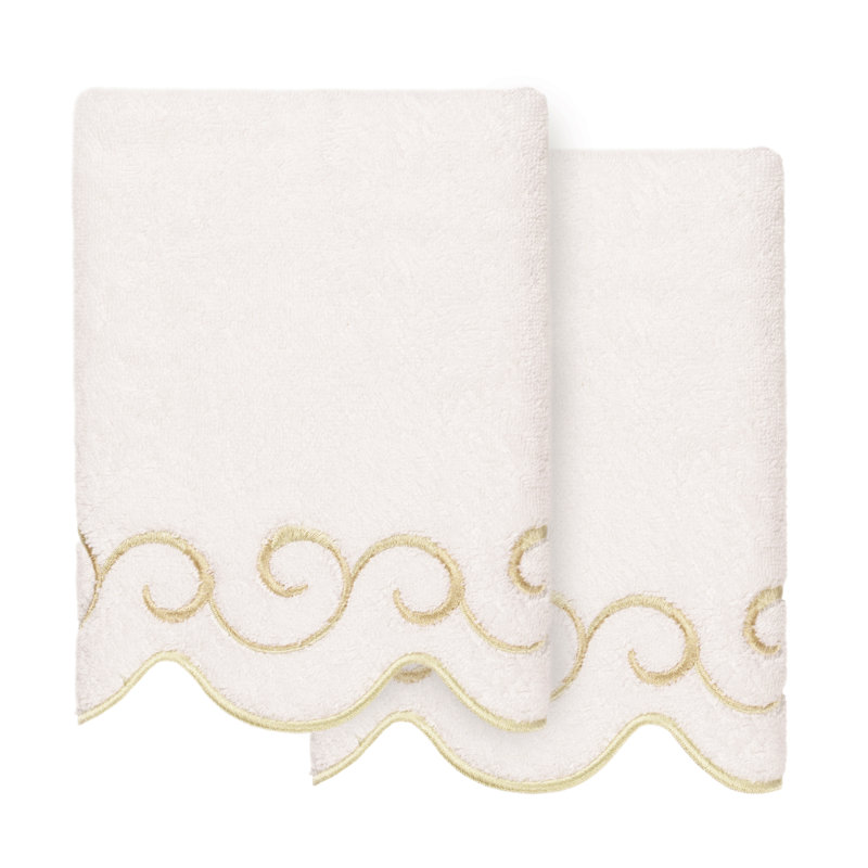  100% Turkish Cotton SIMPLICITY Scallop 2PC Embellished Hand Towel Set, Hand Towel - 2 Pack, White/Beige