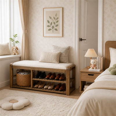 Banc de rangement pour chaussures en bois massif de 55 po, banc d'entrée rembourré avec coussin amovible