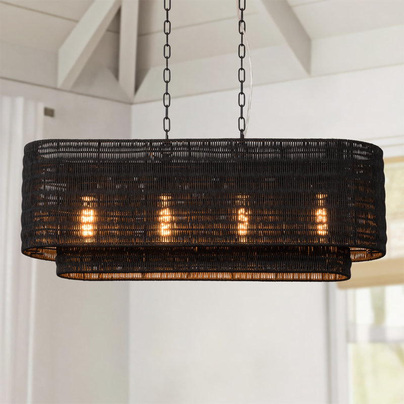 4 - Light 36"W Modern Farmhouse Linear Pendant with Hand-Woven Rattan Shade for Kitchen Island, Matte Black, Black