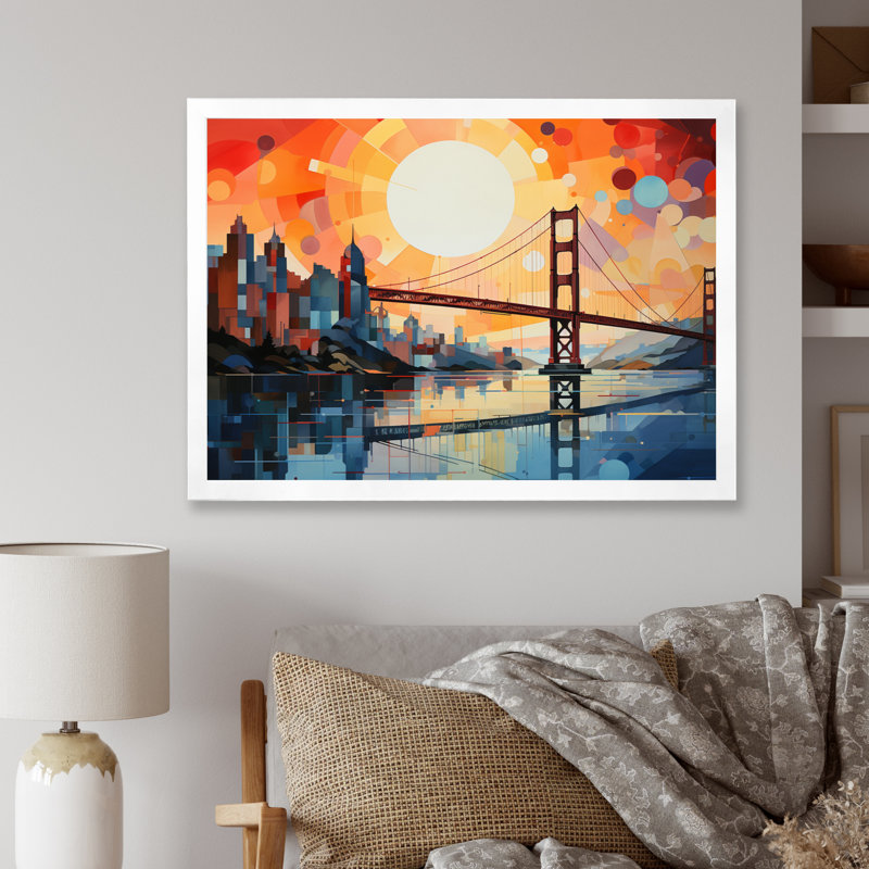 Décoration murale orange «Bridge of Dots I» - Ponts, Cadre photo blanc, H 30 po x l 40 po x P 1,5 po