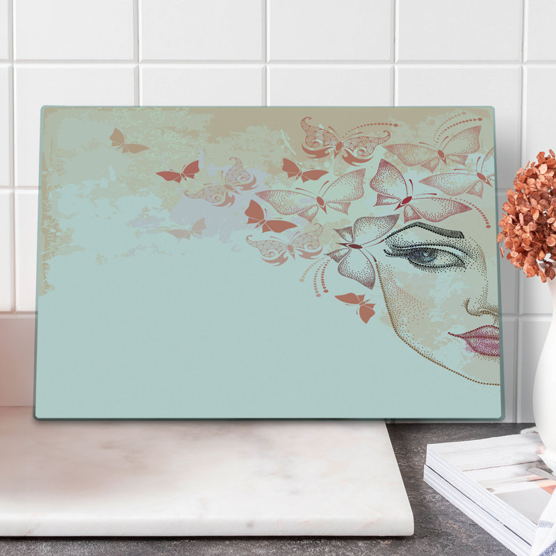 Ambesonne Eyebrow Cutting Board Large Size Half Face and Butterflies Pink and Coral