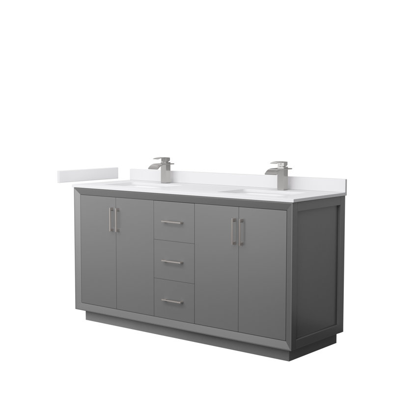 Ensemble de meuble-lavabo double 66 po Strada, Gris foncé, Nickel brossé, Marbre de culture blanc