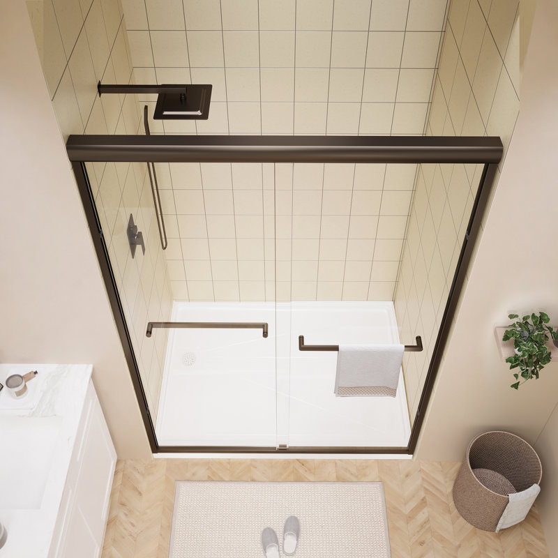 Porte de douche à double cadre coulissante de 46 à 48 po x H 72 po en bronze huilé avec verre trempé transparent de 1/4 po, poignées doubles